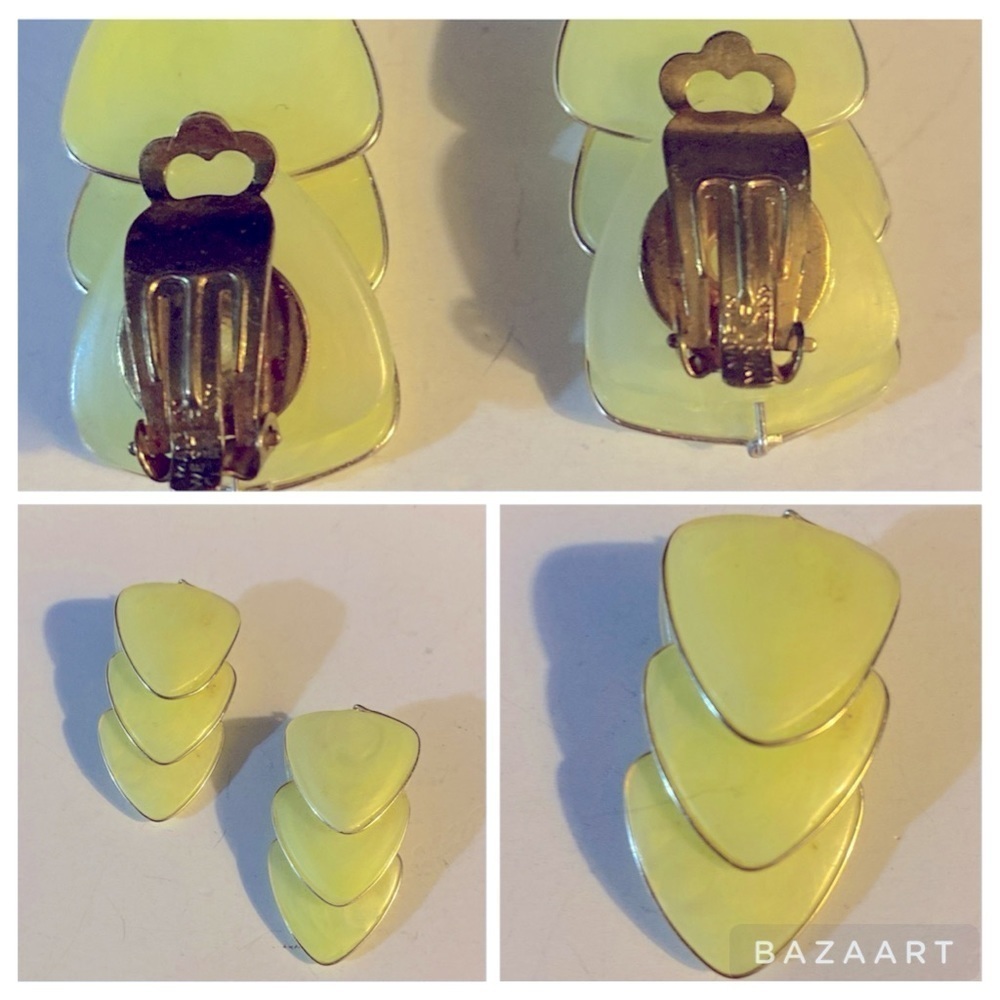 West Germany Earrings, Clip on, Gold tone, Lemon yellow, Vintage, minimalist - Picture 8 of 10